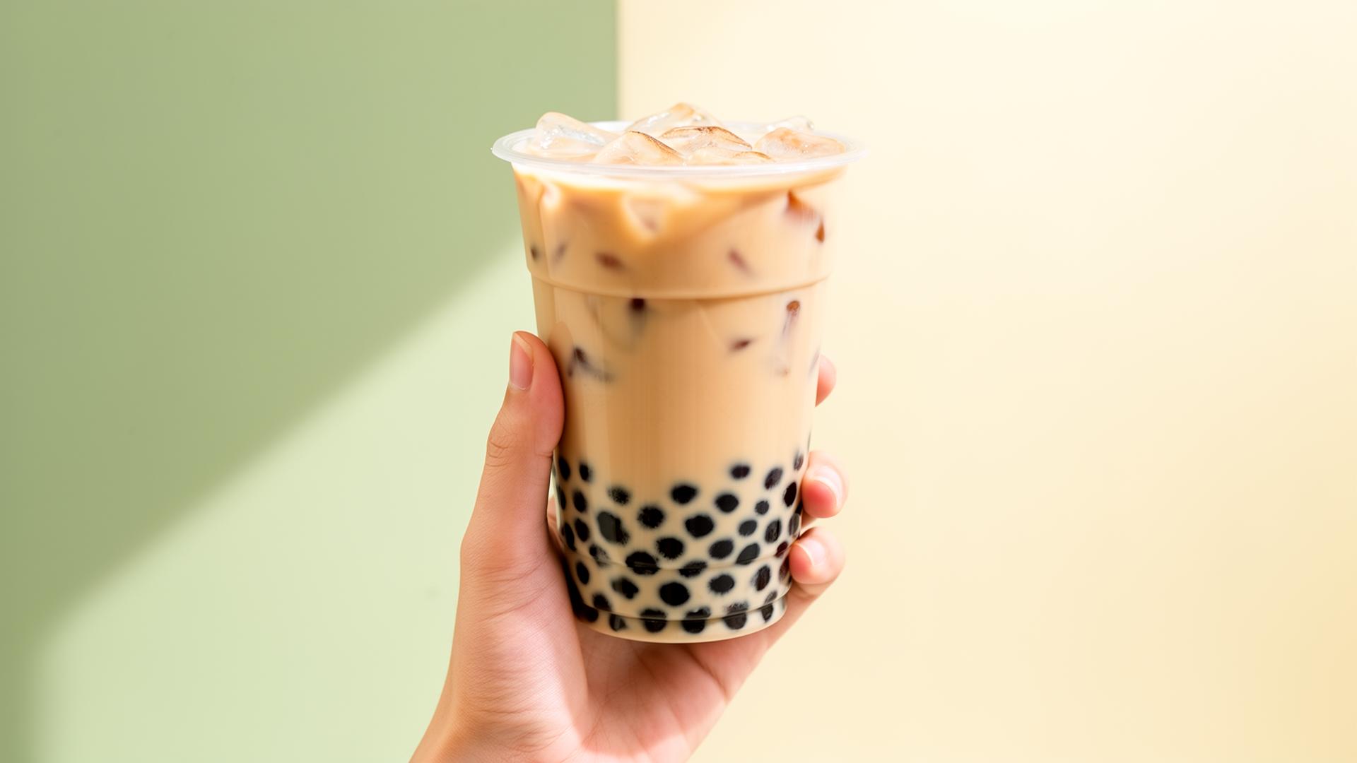 Hand holding fresh boba milk tea with tapioca pearls